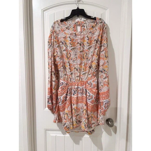 Free People Mini Pocket Dress Sun Ruffle Printed Long Sleeve Cut Out Back Button - Picture 6 of 12